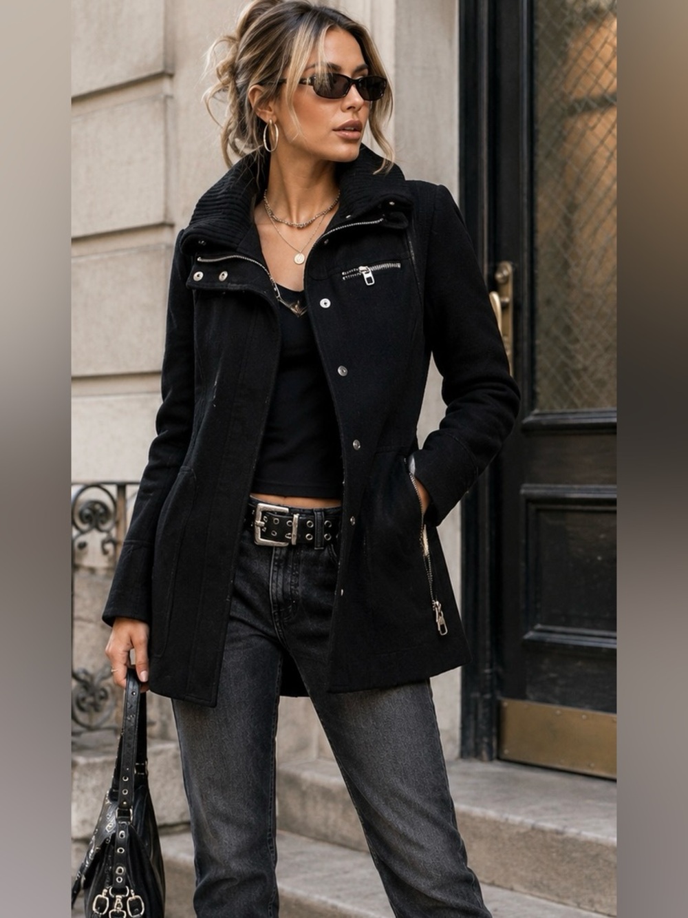 Y2K Miss Sixty M60 Black Wool Moto Coat Funnel Collar Zip Military Goth Jacket